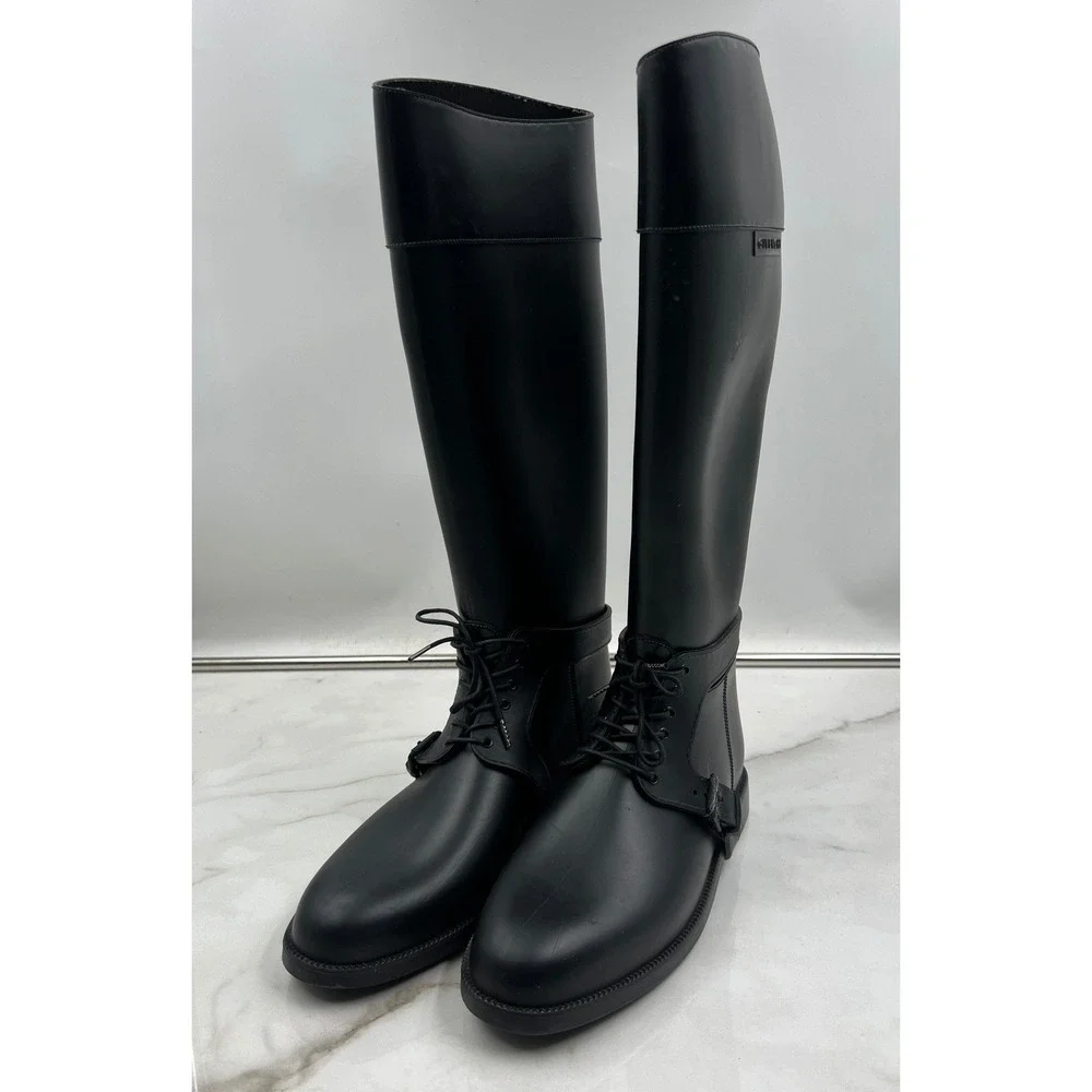 GIVENCHY Rain Boots Womens Sz 10 Tall Black Rubber Wellies Made in Italy Lace Up